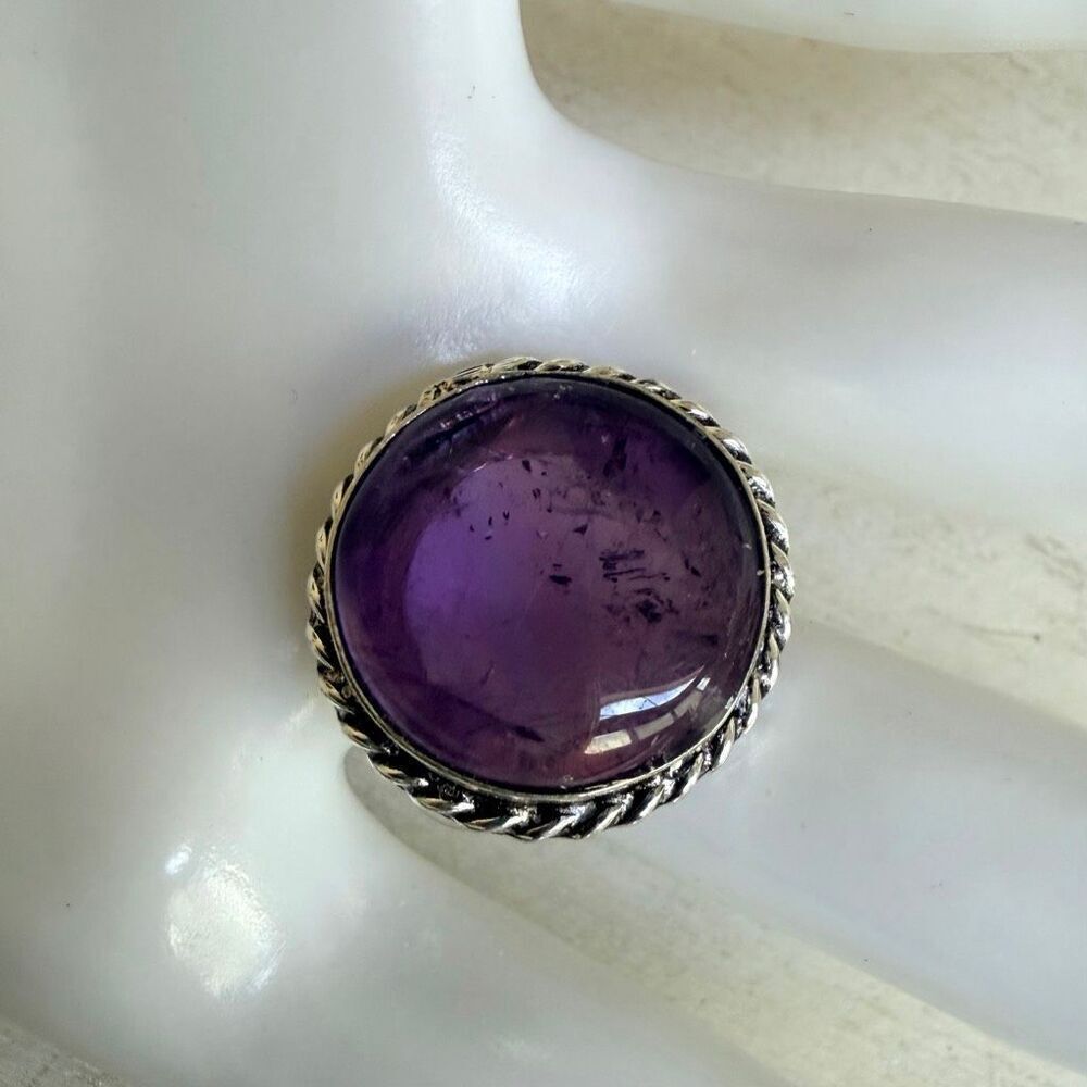 Amethyst Cabochon Ring Silver Tone Rope Bezel Statement Ring